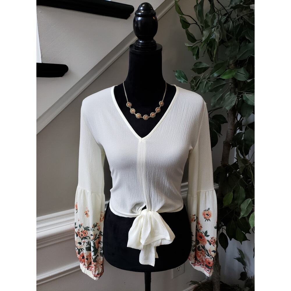 Women's SHEIN White Tie Front Top M Floral Bell Sleeve V Neck Blouse Shirt
